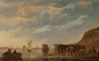 A herdsman with five cows by a river, c.1650